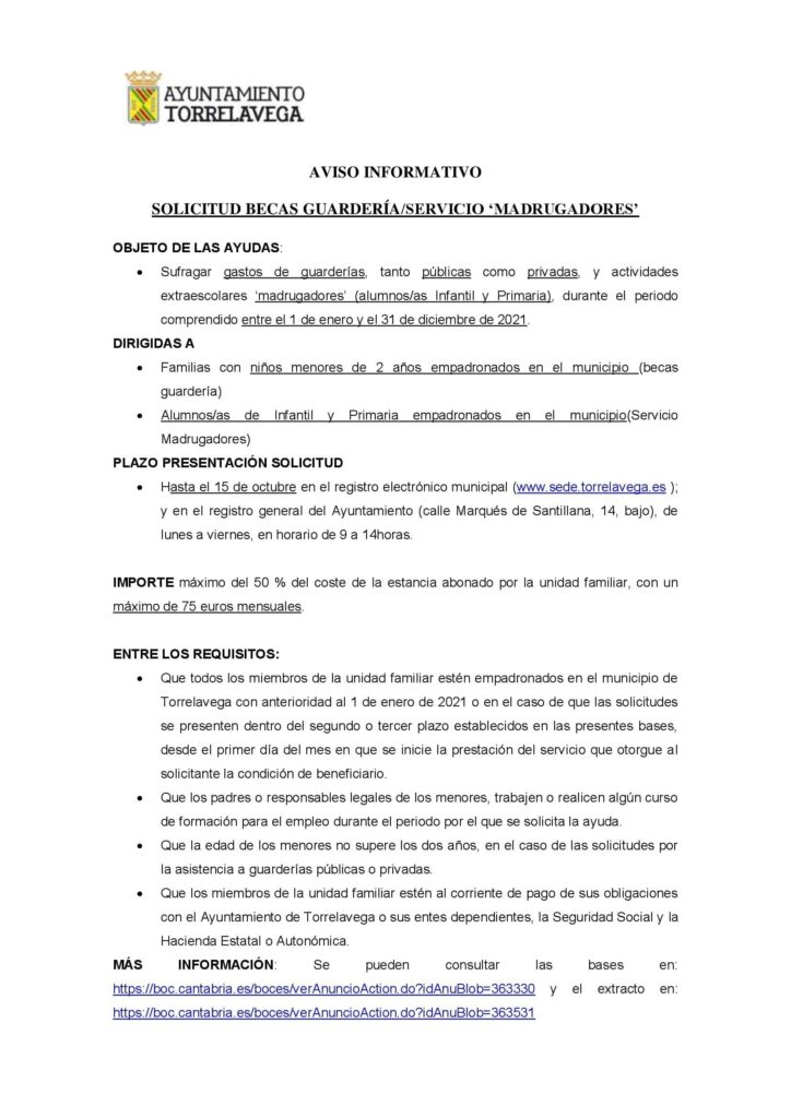 El 15 de octubre finaliza el plazo para solicitar las becas de guardería del Ayuntamiento de Torrelavega