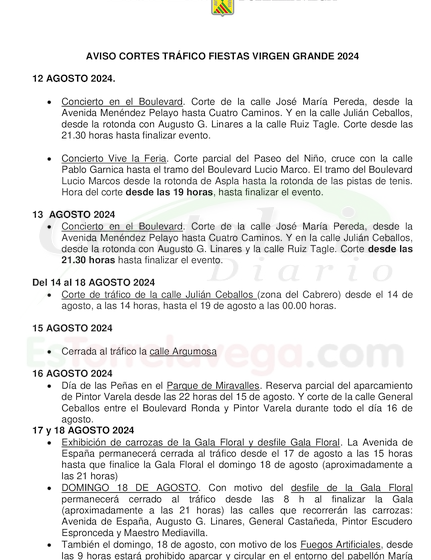 Cortes de tráfico para los próximos días por las Fiestas de la Virgen Grande 2024