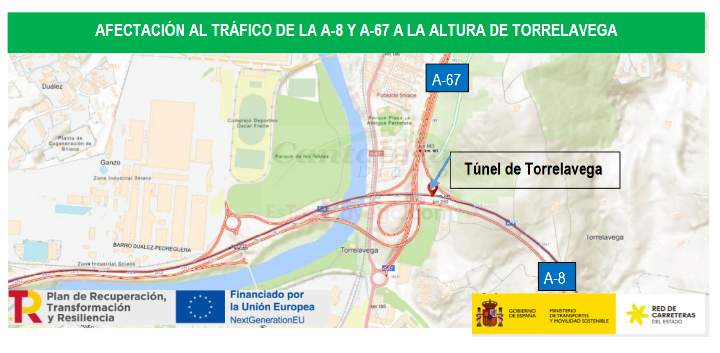 Afectación al tráfico en las autovías A-8 y A-67 por obras de modernización del túnel de Torrelavega