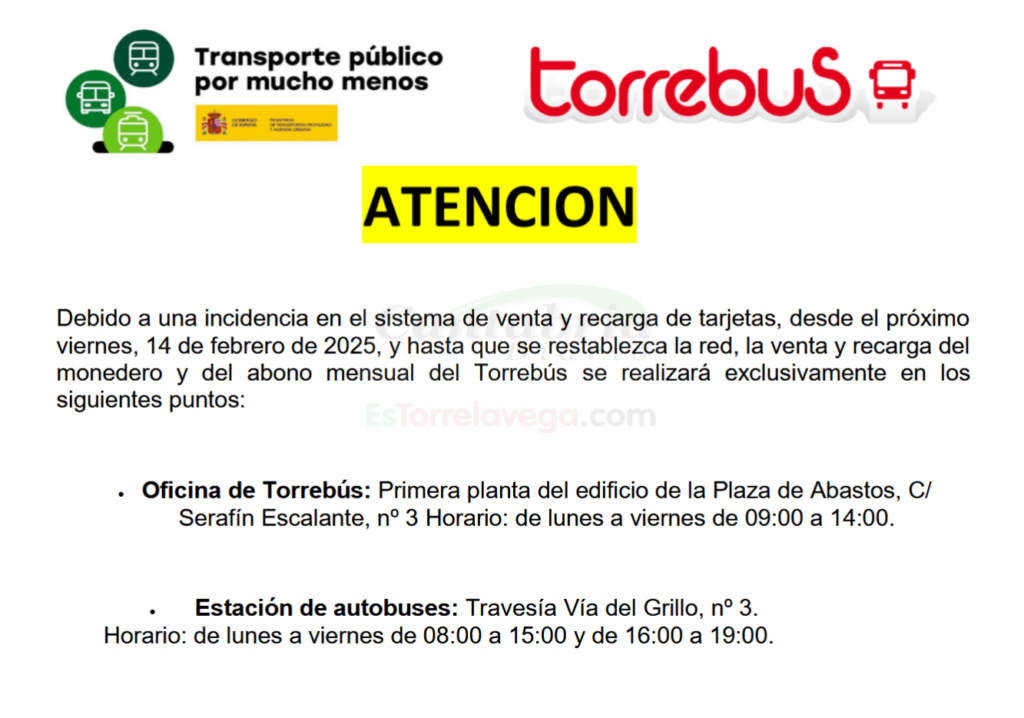 Una incidencia obliga a comprar y recargar las tarjetas del Torrebus en la Estación de Autobuses y en la Oficina de la Plaza de Abastos