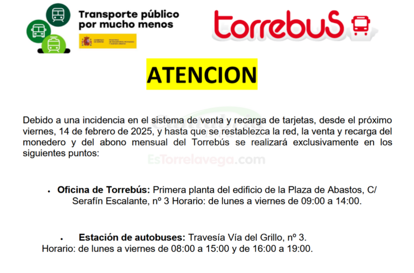 Una incidencia obliga a comprar y recargar las tarjetas del Torrebus en la Estación de Autobuses y en la Oficina de la Plaza de Abastos